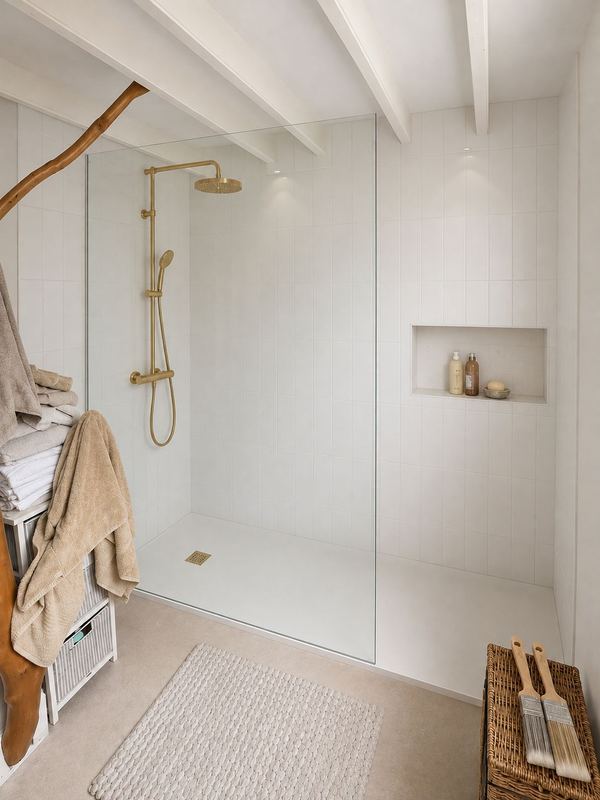 Walk-in shower with brushed brass fittings and a tiled niche